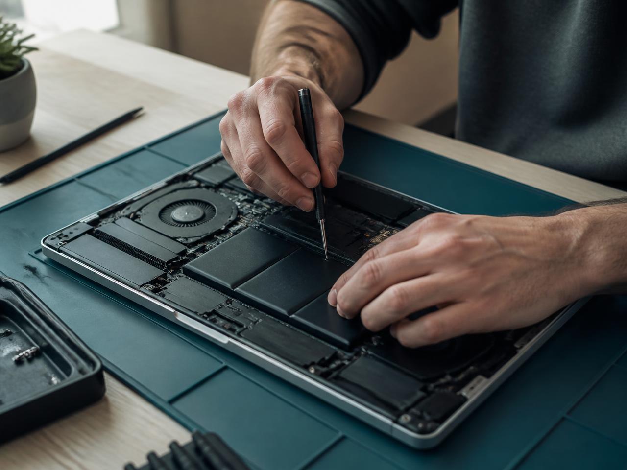Technicus vervangt met een schroevendraaier een onderdeel in een geopende laptop